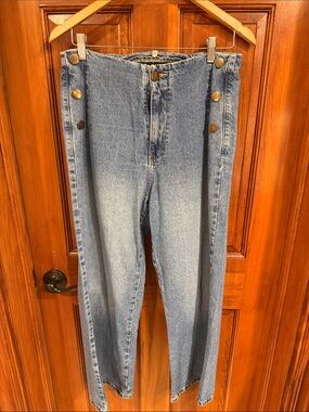 High-Waist Button-Trim Light Blue Denim Jeans